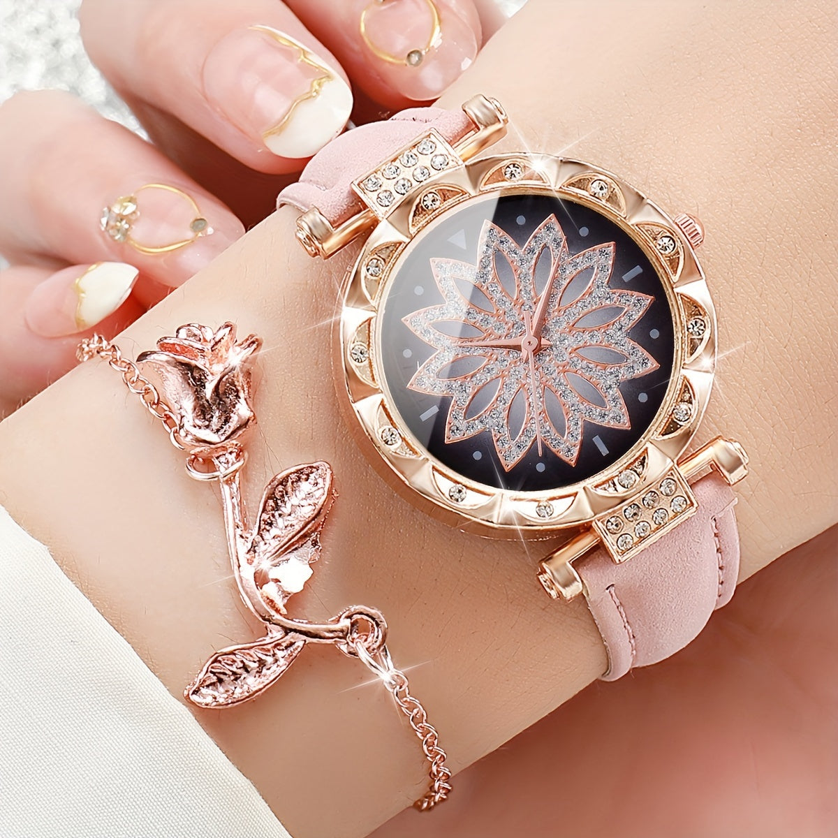 2pcs Women's Fashionable & Simple Flower Petal Quartz Watch With Bracelet Set Includes Watchband And Bracelet No Watch Box